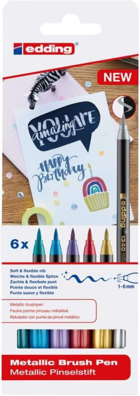 Edding 1340 Brush Pack de 6 Rotuladores - Punta Pincel Flexible - Trazo 1-3mm - Tinta con Base de Agua - Colores Oro, Rojo, Azul