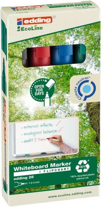 Edding 28 EcoLine Pack de 4 Rotuladores para Pizarra Blanca - Punta Redonda - Trazo 1.5-3mm - 90% de Plastico Reciclado - Borrad