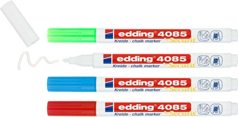 Imagen extra Edding 4085 Basicos Pack de 4 Rotuladores de Tiza Liquida - Punta Redonda - Trazo 1-3mm - Olor Neutro - Colores Blanco, Azul, Ve