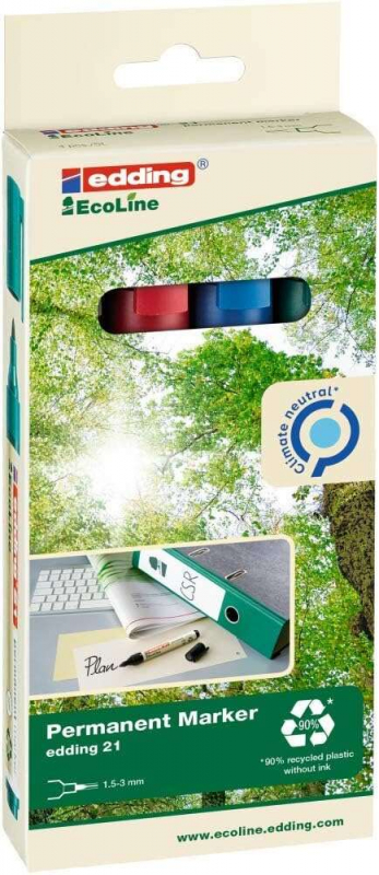 Edding 21 EcoLine Pack de 4 Rotuladores Permanentes - Punta Redonda - Trazo entre 1.5 y 3mm - 90% de Plastico Reciclado - Colore