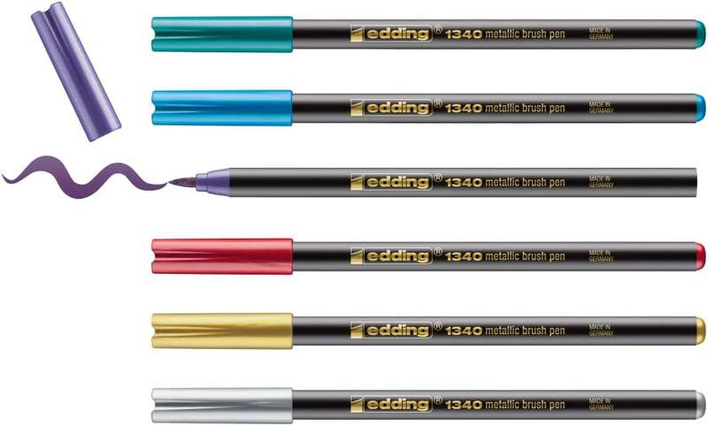Imagen extra Edding 1340 Brush Pack de 6 Rotuladores - Punta Pincel Flexible - Trazo 1-3mm - Tinta con Base de Agua - Colores Oro, Rojo, Azul