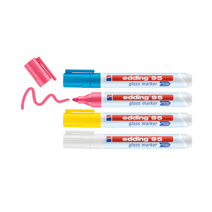 Imagen extra Edding 95 Pack de 4 Rotuladores de Tiza Liquida - Punta Redonda - Trazo 1.5-3mm - Colores Blanco, Amarillo, Rosa y Azul