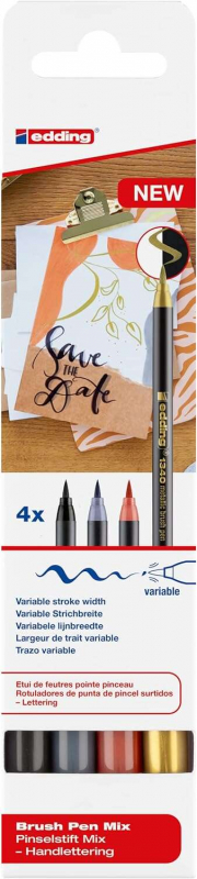 Edding 1340 Brush Pack de 4 Rotuladores - Punta Pincel Flexible - Trazo 1-3mm - Tinta con Base de Agua - Colores Oro, Negro, Gri