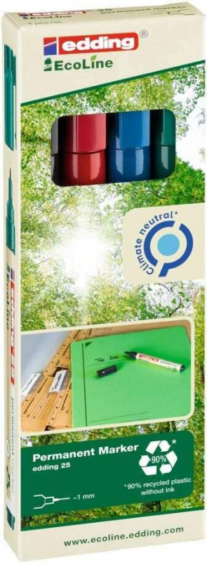 Edding 25 EcoLine Pack de 4 Rotuladores Permanentes - Punta Redonda Fina - Trazo 1mm - 90% de Plastico Reciclado - Colores Surti