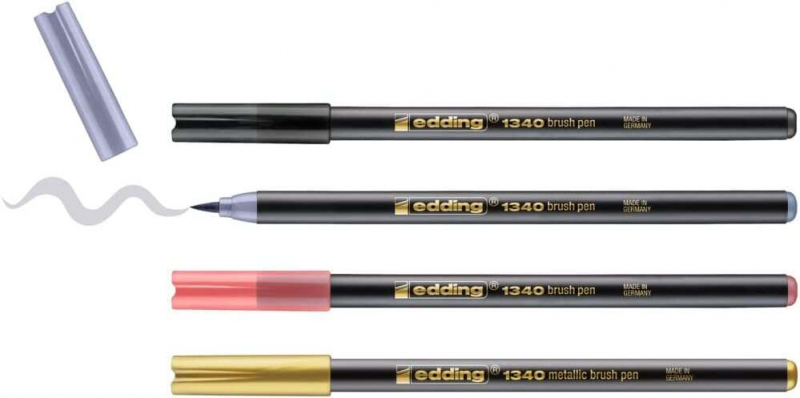 Imagen extra Edding 1340 Brush Pack de 4 Rotuladores - Punta Pincel Flexible - Trazo 1-3mm - Tinta con Base de Agua - Colores Oro, Negro, Gri