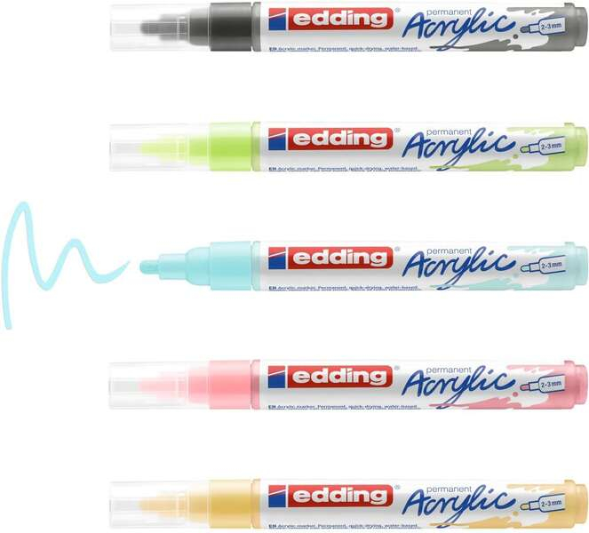 Imagen extra Edding 5100 Acrylic Pack de 5 Rotuladores Permanentes Acrilicos Pastel - Punta Redonda 2-3mm - Trazo Medio - Resistente a la Luz