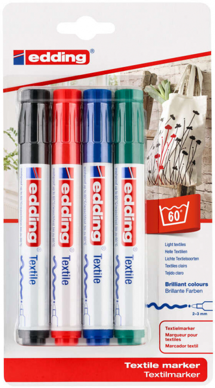 Edding 4500 Pack de 4 Rotuladores Permanentes para Textil - Punta Redonda - Trazo 2-3mm - Olor Neutro - Secado Rapido - Colores 