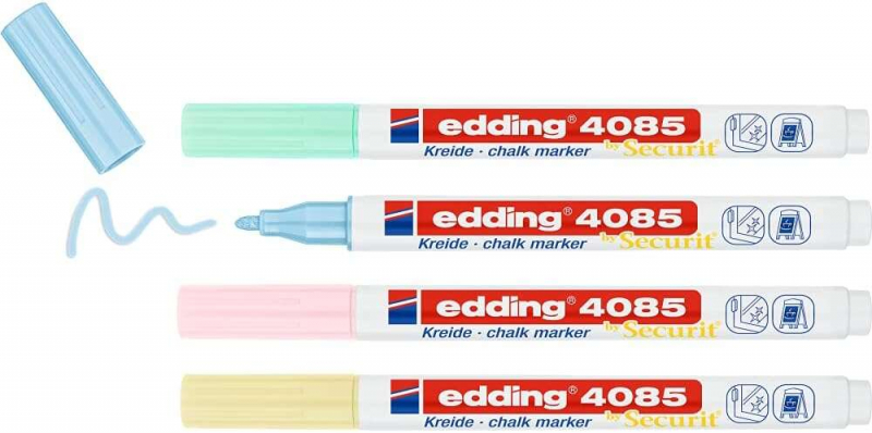 Imagen extra Edding 4085 Pastel Pack de 4 Rotuladores de Tiza Liquida - Punta Redonda - Trazo 1-3mm - Olor Neutro - Colores Azul, Verde, Amar