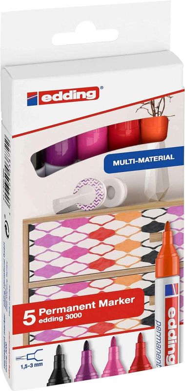 Edding 3000 Pack de 5 Rotuladores Permanentes Colores Calidos - Punta Redonda de 1.5mm - Trazo entre 1.5 y 3mm - Recargable - Se