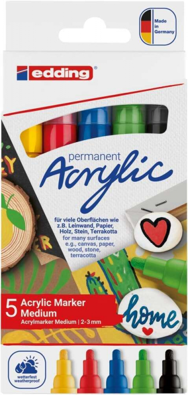 Edding 5100 Acrylic Pack de 5 Rotuladores Permanentes Acrilicos - Punta Redonda 2-3mm - Trazo Medio - Resistente a la Luz - Seca