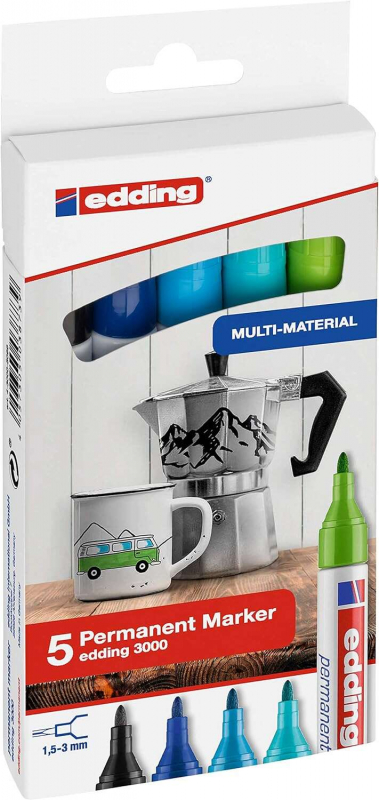 Edding 3000 Pack de 5 Rotuladores Permanentes Colores Frios - Punta Redonda de 1.5mm - Trazo entre 1.5 y 3mm - Recargable - Seca