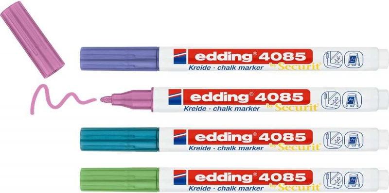 Imagen extra Edding 4085 Metalicos Pack de 4 Rotuladores de Tiza Liquida - Punta Redonda - Trazo 1-3mm - Olor Neutro - Colores Azul, Verde, V