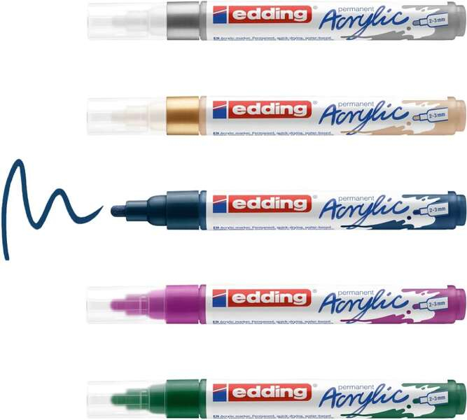 Imagen extra Edding 5100 Acrylic Pack de 5 Rotuladores Permanentes Acrilicos Metalizados - Punta Redonda 2-3mm - Trazo Medio - Resistente a l