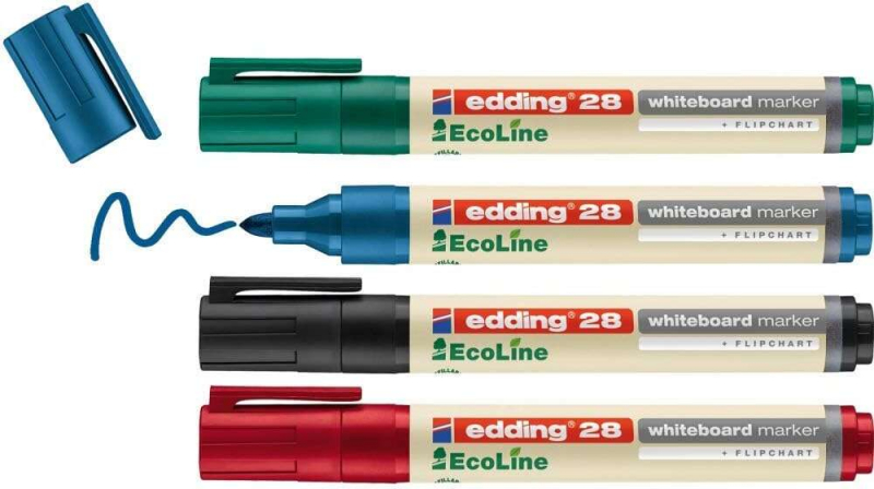 Imagen extra Edding 28 EcoLine Pack de 4 Rotuladores para Pizarra Blanca - Punta Redonda - Trazo 1.5-3mm - 90% de Plastico Reciclado - Borrad