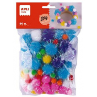 Apli Kids Bolsa de 80 Pompones Glitter - Tamaños 10mm, 20mm, 25mm - Colores Surtidos