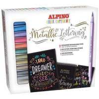 Alpino Color Experience Kit de Iniciacion al Lettering con 12 Rotuladores Metalicos de Doble Punta, Punta Fina y Punta Pincel + 1 Bloc de Papel Negro Especial Lettering + 1 Guia con 20 Patrones