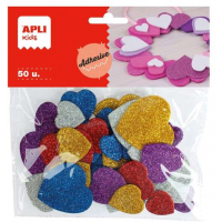 Apli Formas de Corazones Adhesivas de Goma Eva - 50 Formas - Medidas Surtidas, Colores Surtidos Purpurina