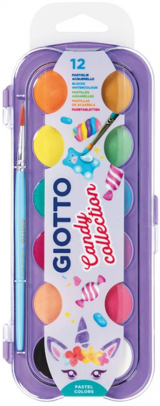 Giotto Candy Collection - Estuche de 12 Acuarelas de 30mm + Pincel - Colores Brillantes, Intensos y Vivos - Muy Cubrientes - Col