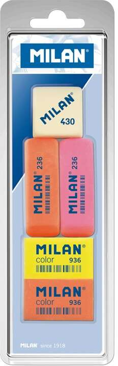 Milan Pack de 5 Gomas de Borrar (1 x Goma 430 + 2 x Gomas 236 Nata + 2 x Gomas 936 Nata Rectangulares)