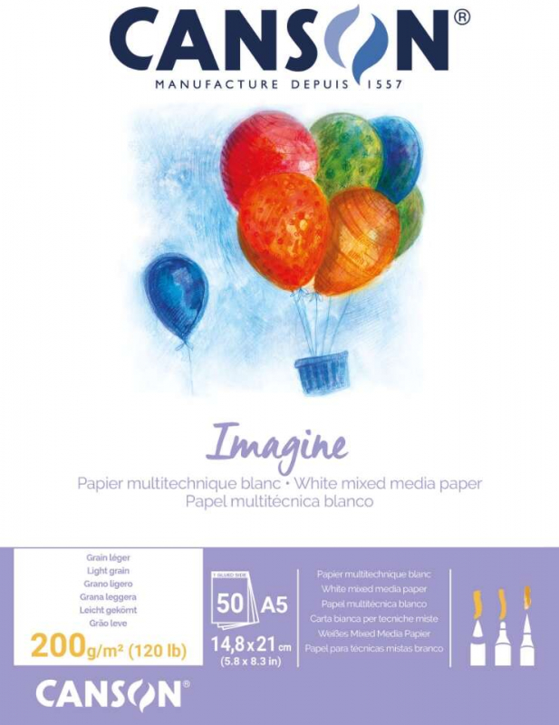 Canson Imagine Bloc Encolado de 50 Hojas A5 - Grano Fino - 14,8x21cm - 200g - Blanco