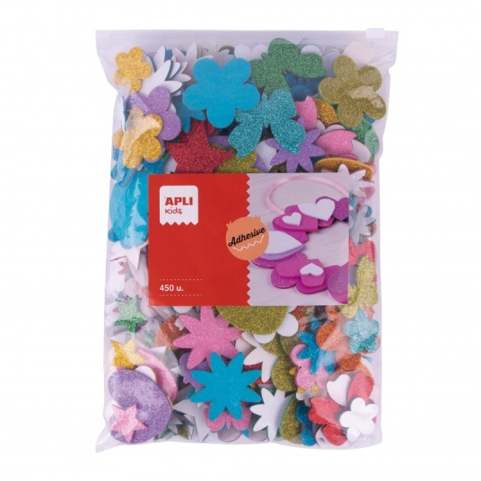 Apli Pack de 450 Formas de Goma EVA Adhesiva con Purpurina - Estrellas, Corazones, Flores y Mariposas - Grosor 2mm