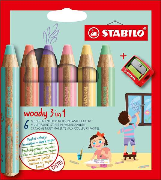 Stabilo Woody 3 en 1 - PACK 6 Lapices de Colores Pastel + Sacapuntas