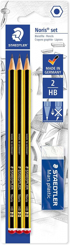PACK 3 Lapices Staedtler Noris 120 HB (estandar) + Goma Mars Plastic