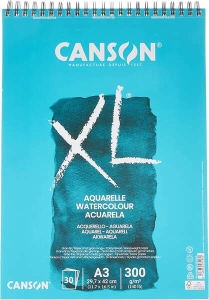 Canson XL Aquarelle Album Espiral Microperforado de 30 Hojas A3 - Grano Fino - 29.7x42cm - 300g - Blanco