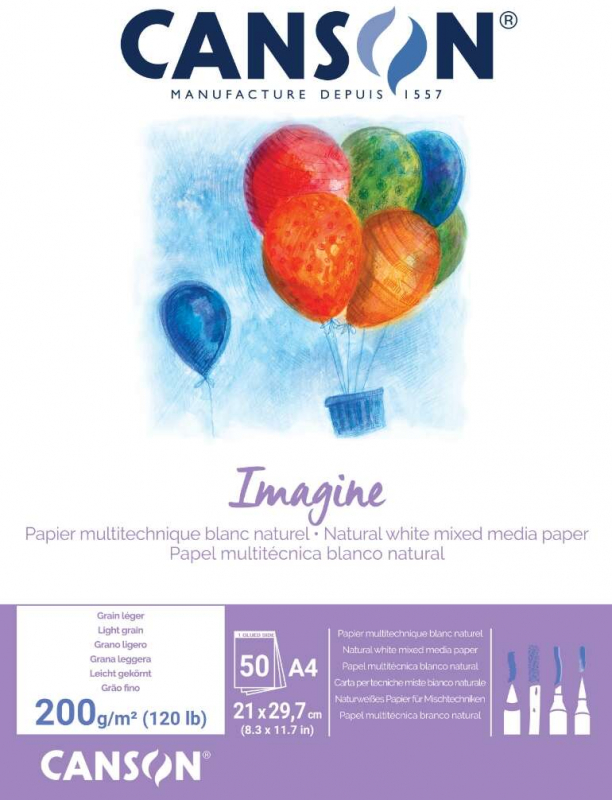Canson Imagine Bloc Encolado de 50 Hojas 200gr A4 - Grano Fino - Blanco