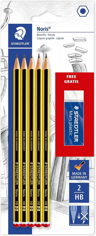 PACK 5 Lapices Staedtler Noris 120 HB (estandar) + Goma Mars Plastic