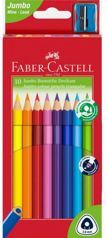 Faber-Castell Jumbo Junior Pack de 10 Lapices de Colores Triangulares + Sacapuntas