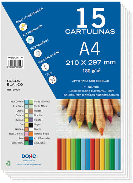 PACK 15 Cartulinas A4 - Gramaje de 180g - Blanco
