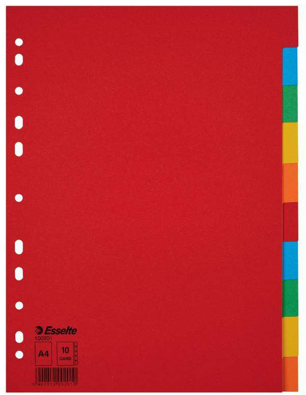 Esselte Separadores A4 Carton - 10 Pestañas de Colores - Multitaladro