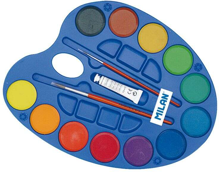 Milan - Paleta de 12 Acuarelas + Tubo de Pintura Blanca + 2 Pinceles Serie 101 Mezclable