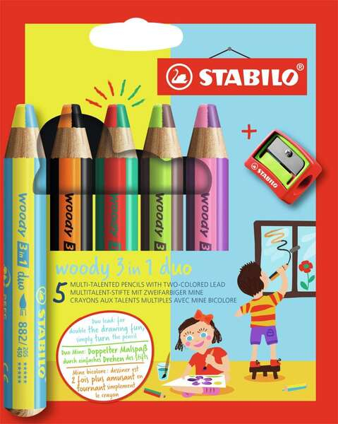 Stabilo Woody 3 en 1 Duo - PACK 5 Lapices de Colores + Sacapuntas