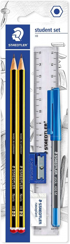 PACK 2 Lapices Staedtler Noris 120 HB + Boligrafo Stick 430 Azul + Goma de Borrar  + Sacapuntas + Regla