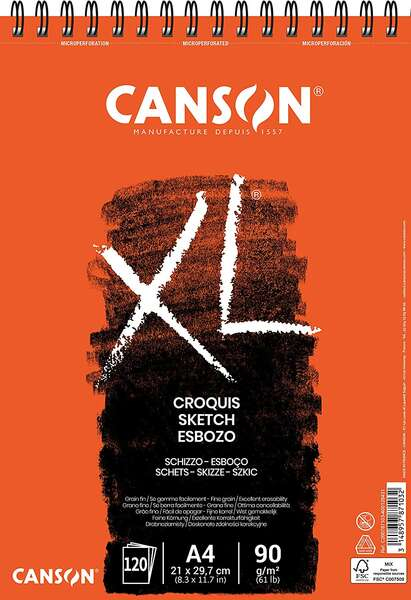 Canson XL Bloc de Croquis con 120 Hojas A4 - Espiral Microperforado - 21x29.7cm - 90g - Marfil