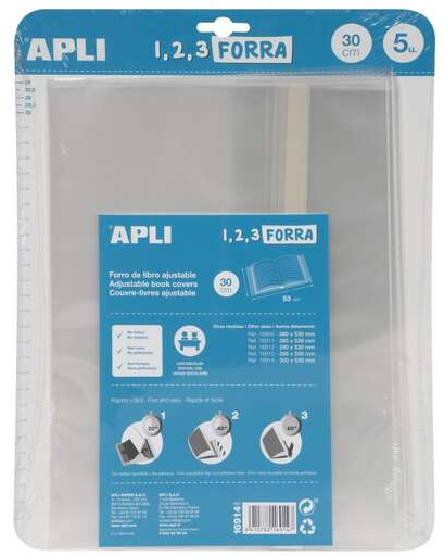 Apli Pack de 5 Forros de Libro con Solapa Ajustable 300 mm - PP - Forra en 3 Pasos