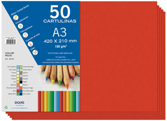 PACK 50 Cartulinas A3 - Gramaje de 180g - Rojo