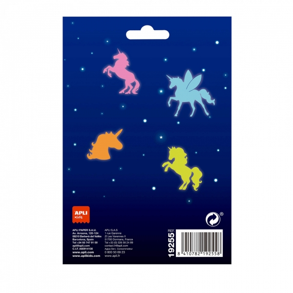 Imagen extra Apli Unicornios Luminiscentes 3D - Plastico Solido - Brillan en la Oscuridad - Adhesivo Permanente - Diseños y Tamaños Surtidos