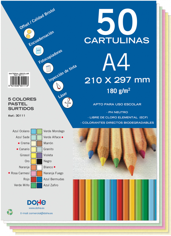 PACK 50 Cartulinas A4 180g en 5 colores surtidos PASTEL