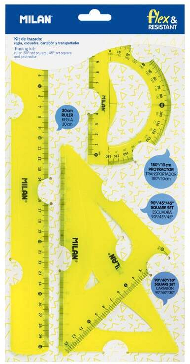 Milan Pack de 4 Reglas Flexibles - Regla, Escuadra, Cartabon y Transportador - Amarillo