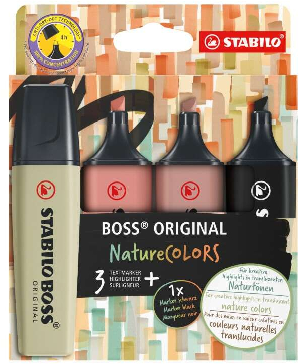 PACK 4 Marcadores Stabilo Boss Naturecolors (Negro, Ocre Oscuro, Siena y Verde Barro)