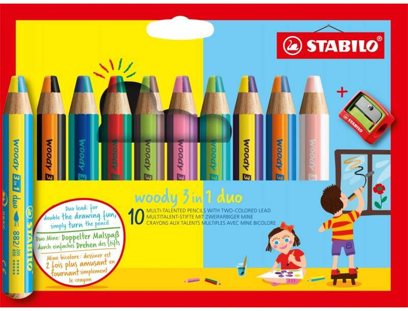 Stabilo Woody 3 en 1 Duo - PACK 10 Lapices de Colores + Sacapuntas