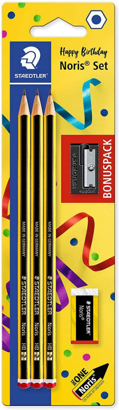 PACK 3 Lapices Staedtler Noris 120 HB (Dureza estandar) + Goma de Borrar + Sacapuntas