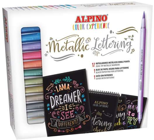 Alpino Color Experience Kit de Iniciacion al Lettering con 12 Rotuladores Metalicos de Doble Punta, Punta Fina y Punta Pincel + 1 Bloc de Papel Negro Especial Lettering + 1 Guia con 20 Patrones