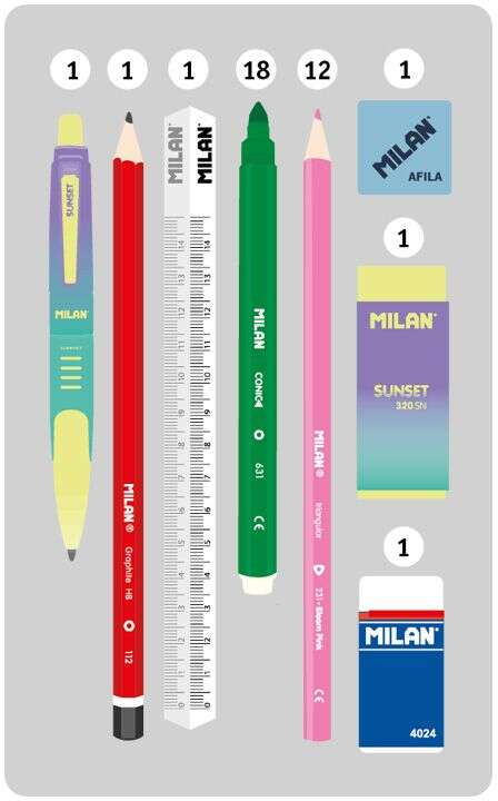 Imagen extra Milan Sunset Plumier de 2 Pisos con 2 Gomas de Borrar, Sacapuntas, Lapiz, Boligrafo Compact, Regla, 12 Lapices de Colores y mas