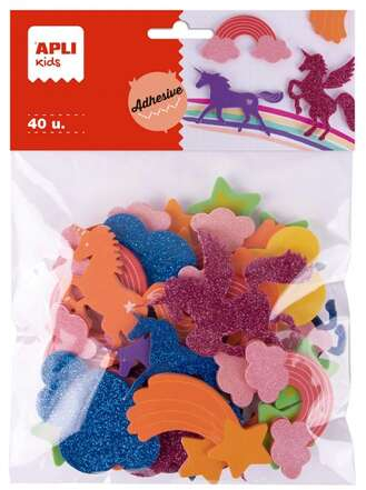 Apli Kids Bolsa de 40 Formas de Goma EVA Adhesivas - 8 Diseños Diferentes - Medidas de 3 a 6cm - Colores Surtidos