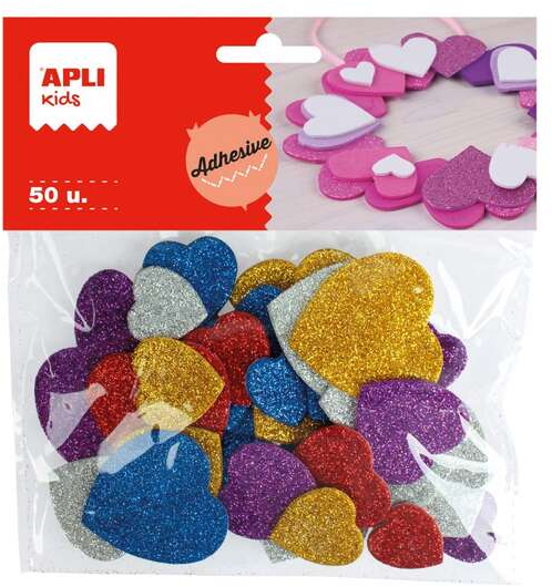 Apli Formas de Corazones Adhesivas de Goma Eva - 50 Formas - Medidas Surtidas, Colores Surtidos Purpurina