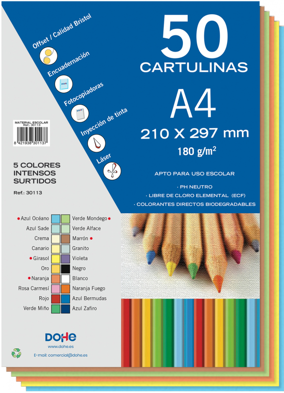 PACK 50 Cartulinas A4 180g en 5 colores surtidos INTENSO
